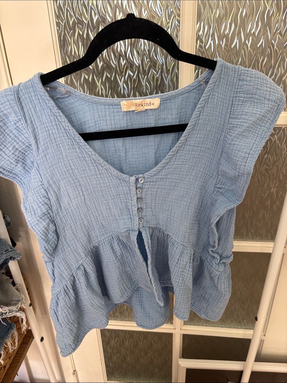Rewind Powder Blue Gauze Button-Front Peplum Blouse